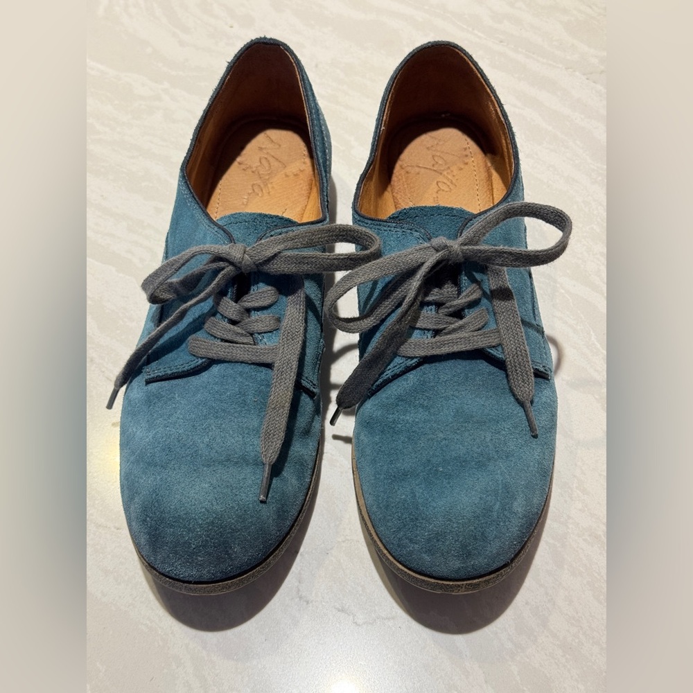 Naya Women's Blue Suede Flats with Gray Laces
